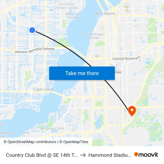 Country Club Blvd @ SE 14th Ter to Hammond Stadium map