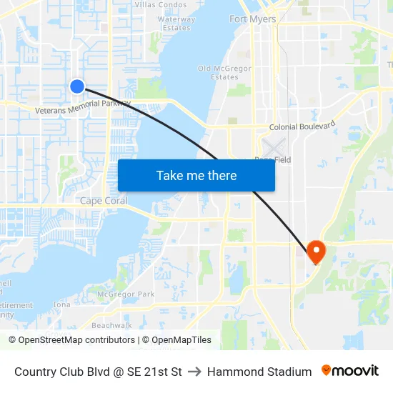 Country Club Blvd @ SE 21st St to Hammond Stadium map