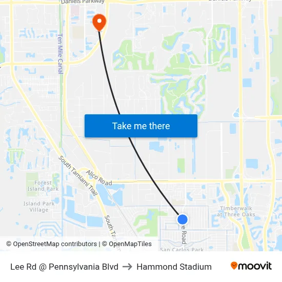 Lee Rd @ Pennsylvania Blvd to Hammond Stadium map