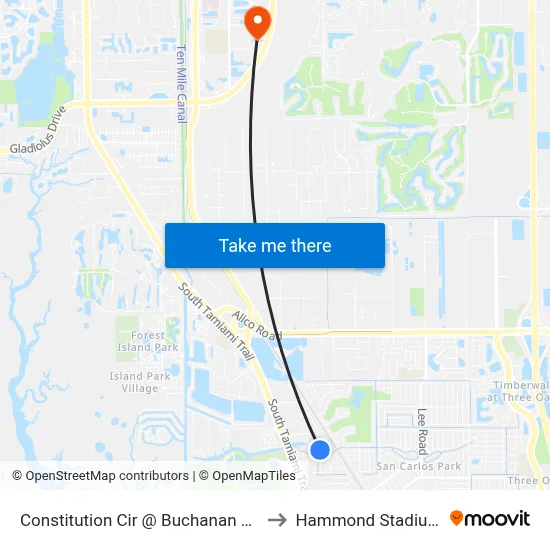 Constitution Cir @ Buchanan Rd to Hammond Stadium map
