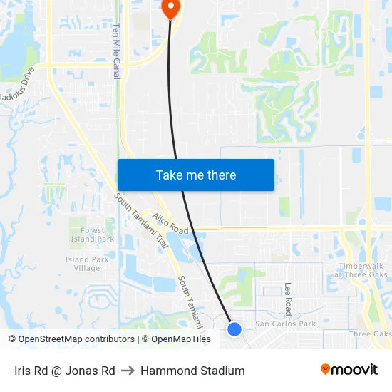 Iris Rd @ Jonas Rd to Hammond Stadium map