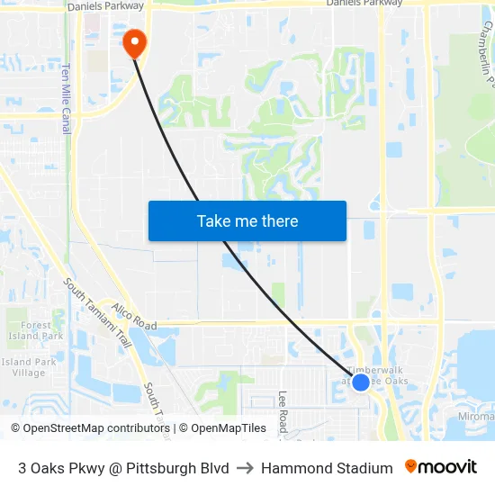 3 Oaks Pkwy @ Pittsburgh Blvd to Hammond Stadium map