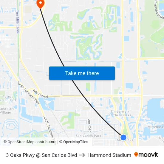 3 Oaks Pkwy @ San Carlos Blvd to Hammond Stadium map