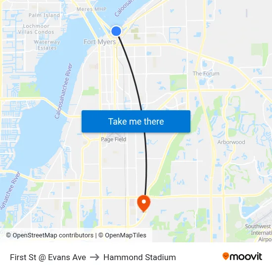 First St @ Evans Ave to Hammond Stadium map