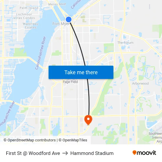 First St @ Woodford Ave to Hammond Stadium map