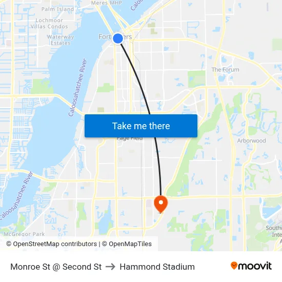Monroe St @ Second St to Hammond Stadium map