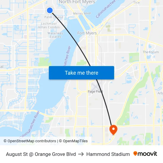 August St @ Orange Grove Blvd to Hammond Stadium map