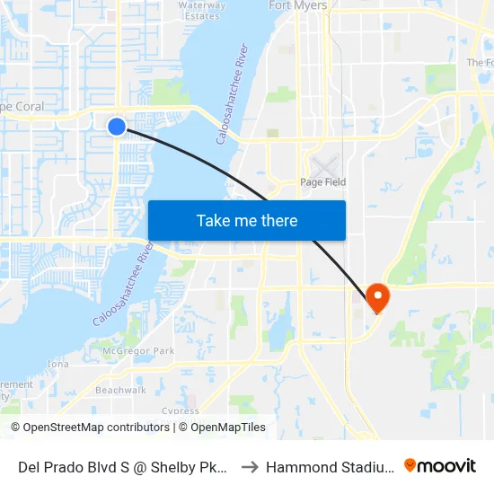 Del Prado Blvd S @ Shelby Pkwy to Hammond Stadium map