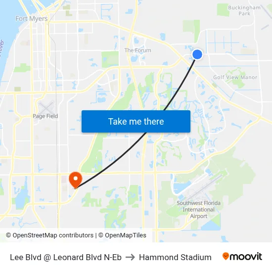 Lee Blvd @ Leonard Blvd N-Eb to Hammond Stadium map