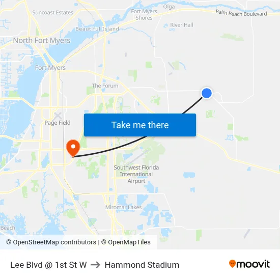 Lee Blvd @ 1st St W to Hammond Stadium map