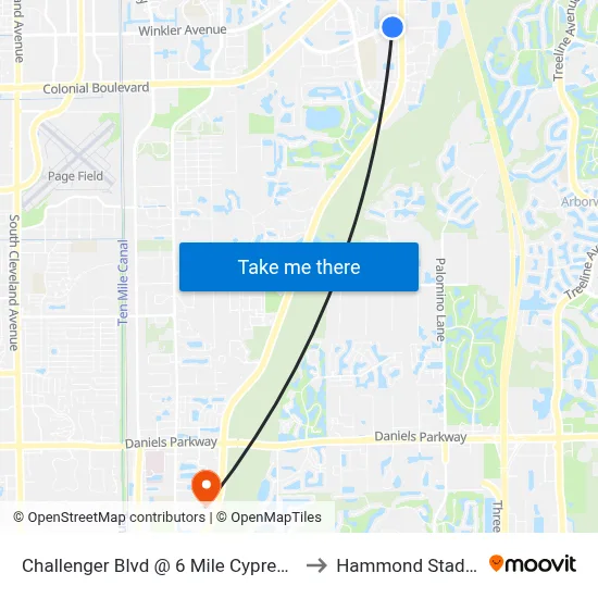 Challenger Blvd @ 6 Mile Cypress-Wb to Hammond Stadium map