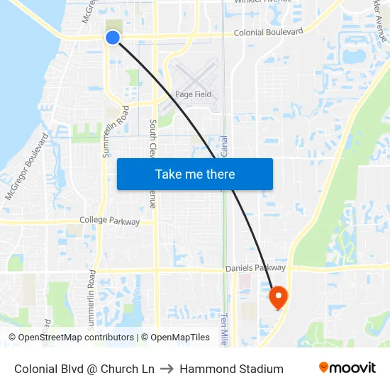 Colonial Blvd @ Church Ln to Hammond Stadium map