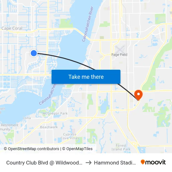 Country Club Blvd @ Wildwood Ln to Hammond Stadium map