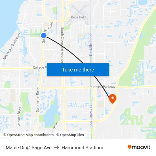 Maple Dr @ Sago Ave to Hammond Stadium map