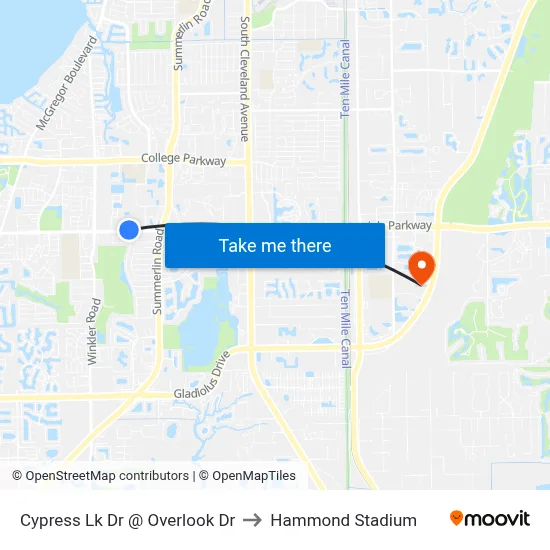 Cypress Lk Dr @ Overlook Dr to Hammond Stadium map