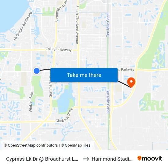 Cypress Lk Dr @ Broadhurst Loop to Hammond Stadium map