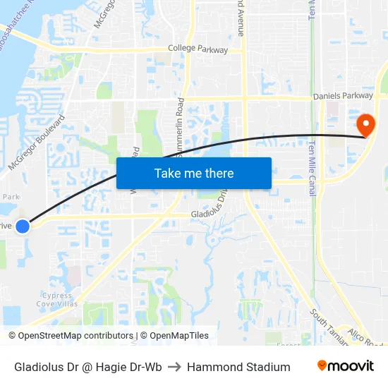 Gladiolus Dr @ Hagie Dr-Wb to Hammond Stadium map