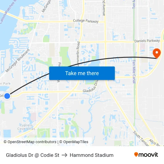 Gladiolus Dr @ Codie St to Hammond Stadium map
