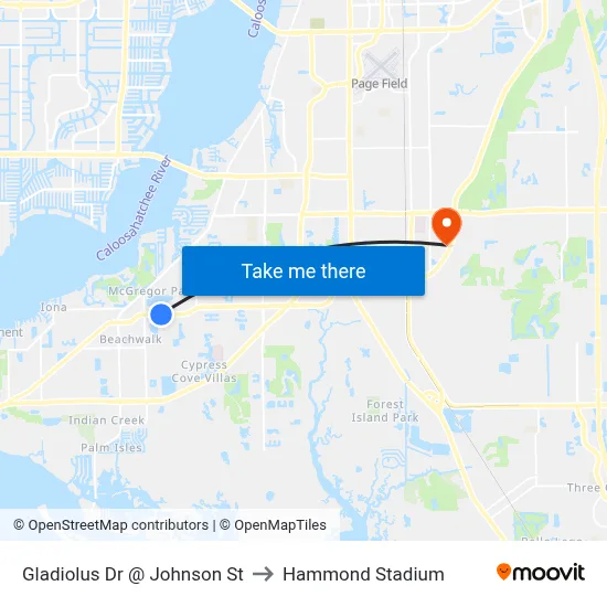 Gladiolus Dr @ Johnson St to Hammond Stadium map