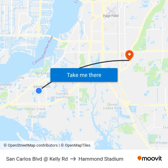 San Carlos Blvd @ Kelly Rd to Hammond Stadium map