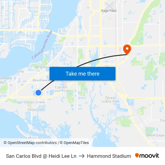 San Carlos Blvd @ Heidi Lee Ln to Hammond Stadium map