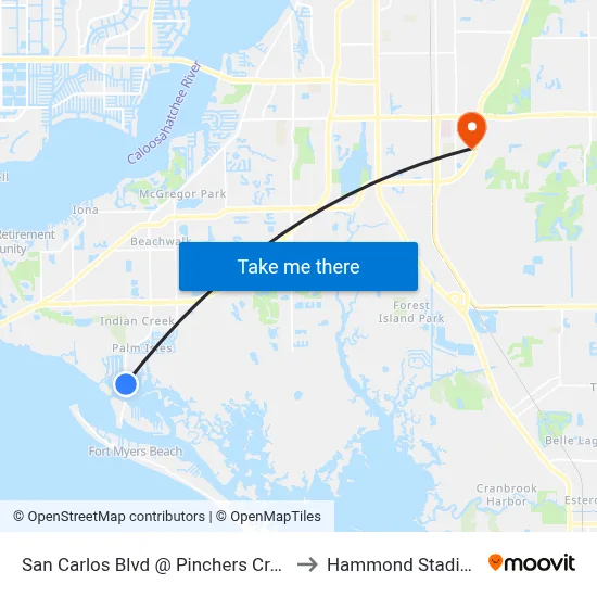 San Carlos Blvd @ Pinchers Crabs to Hammond Stadium map
