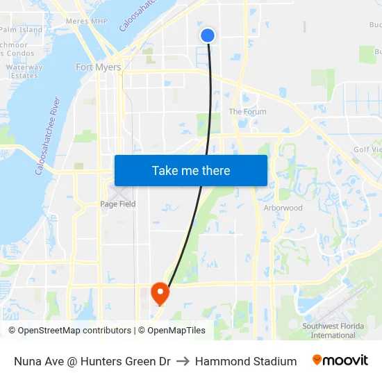 Nuna Ave @ Hunters Green Dr to Hammond Stadium map