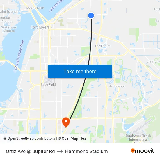 Ortiz Ave @ Jupiter Rd to Hammond Stadium map