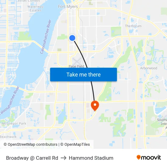 Broadway @ Carrell Rd to Hammond Stadium map