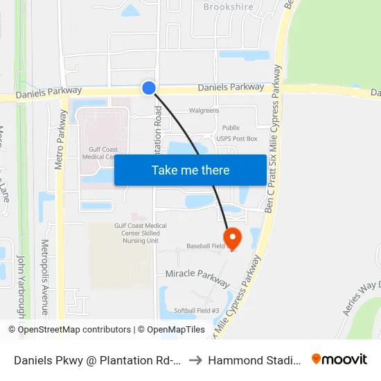 Daniels Pkwy @ Plantation Rd-Wb to Hammond Stadium map