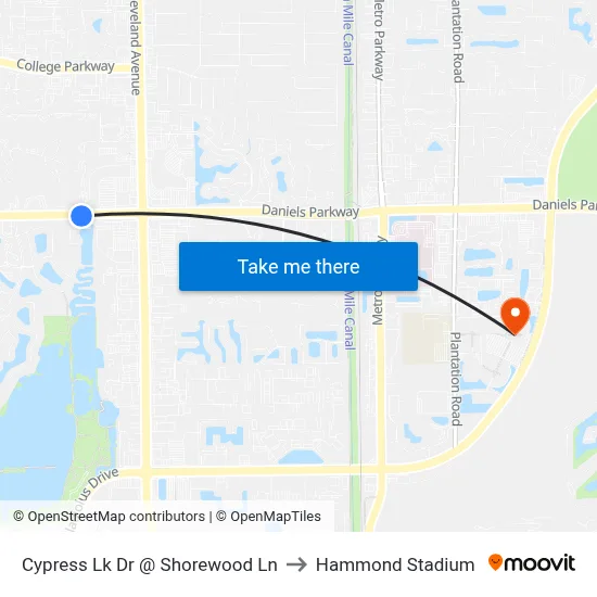 Cypress Lk Dr @ Shorewood Ln to Hammond Stadium map