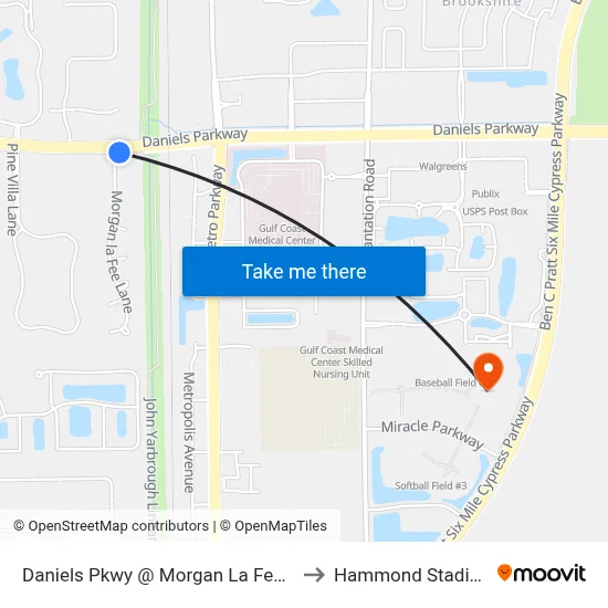 Daniels Pkwy @ Morgan La Fee Ln to Hammond Stadium map