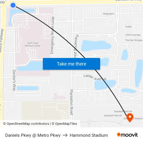 Daniels Pkwy @ Metro Pkwy to Hammond Stadium map