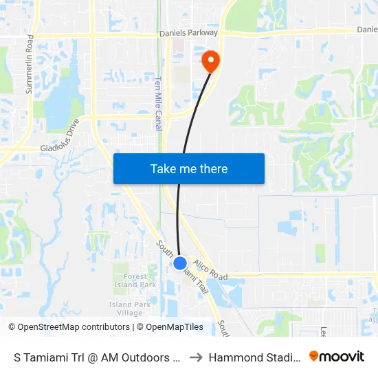 S Tamiami Trl @ AM Outdoors Blvd to Hammond Stadium map