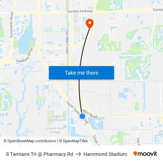 S Tamiami Trl @ Pharmacy Rd to Hammond Stadium map