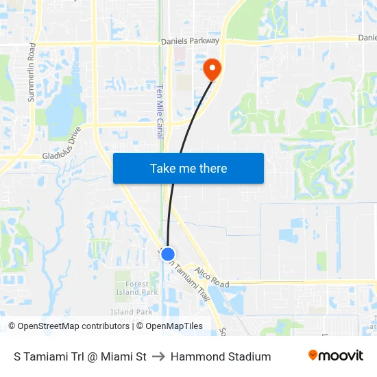 S Tamiami Trl @ Miami St to Hammond Stadium map