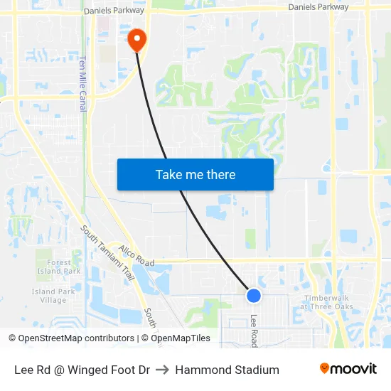 Lee Rd @ Winged Foot Dr to Hammond Stadium map