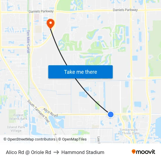 Alico Rd @ Oriole Rd to Hammond Stadium map