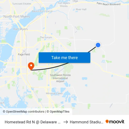 Homestead Rd N @ Delaware Rd to Hammond Stadium map
