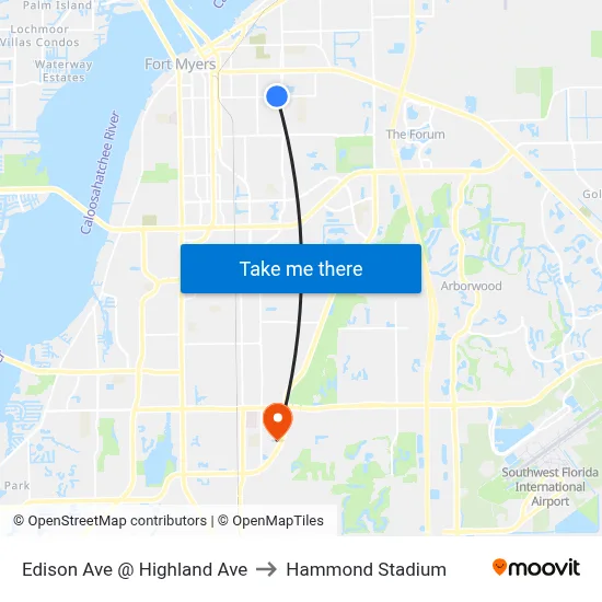 Edison Ave @ Highland Ave to Hammond Stadium map