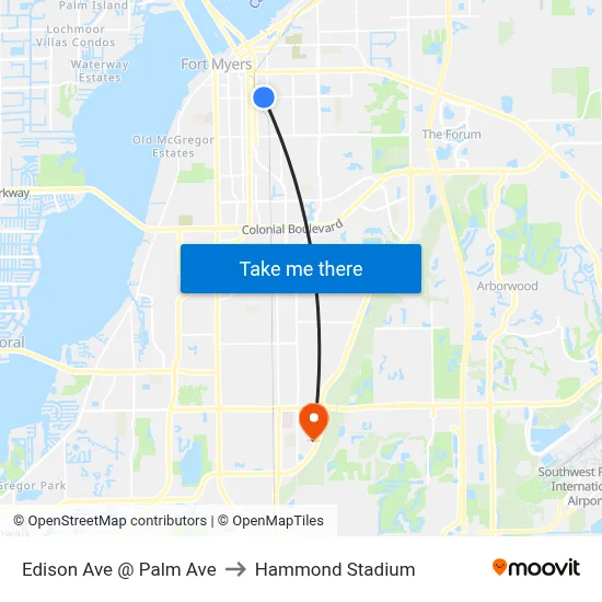 Edison Ave @ Palm Ave to Hammond Stadium map