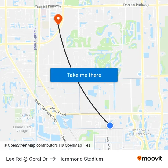 Lee Rd @ Coral Dr to Hammond Stadium map