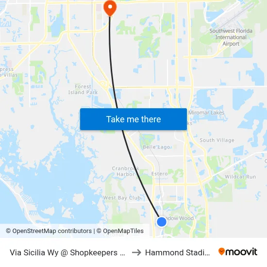 Via Sicilia Wy @ Shopkeepers Wy to Hammond Stadium map