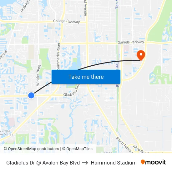 Gladiolus Dr @ Avalon Bay Blvd to Hammond Stadium map