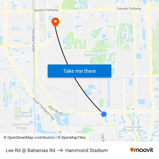Lee Rd @ Bahamas Rd to Hammond Stadium map