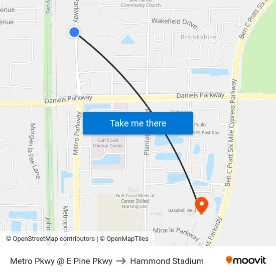 Metro Pkwy @ E Pine Pkwy to Hammond Stadium map