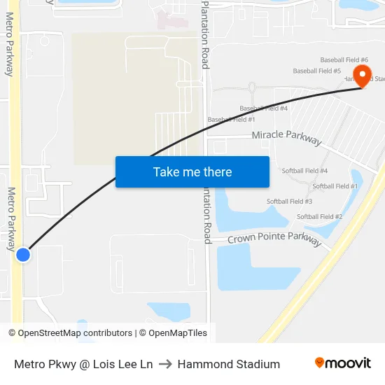 Metro Pkwy @ Lois Lee Ln to Hammond Stadium map