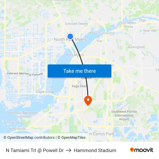 N Tamiami Trl @ Powell Dr to Hammond Stadium map