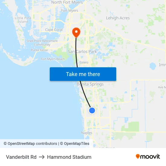 Vanderbilt Rd to Hammond Stadium map