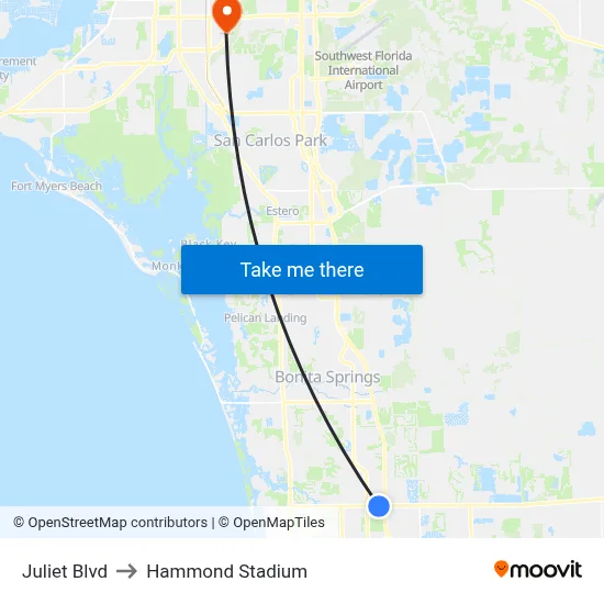 Juliet Blvd to Hammond Stadium map